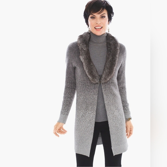 Chico's Faux Fur Collar Gray Silver Metallic Knit Cardigan S - Picture 1 of 11